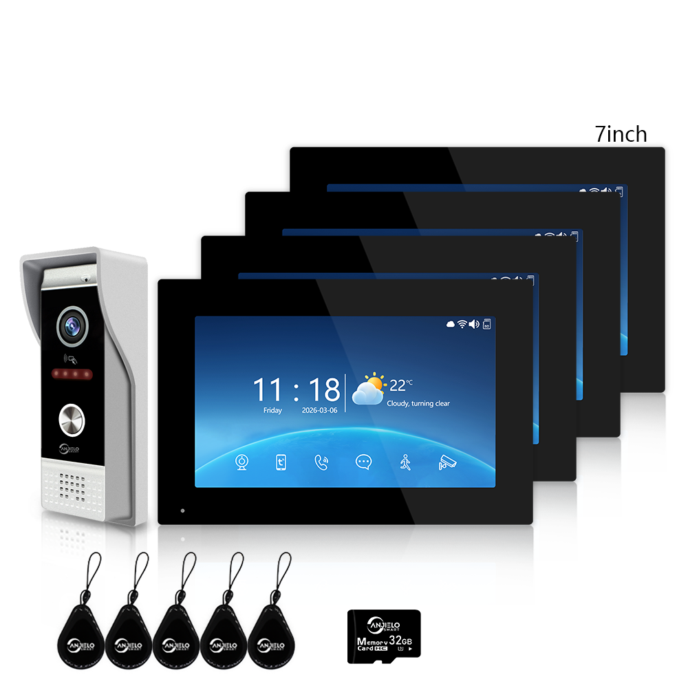Anjielo 4 Wire 1080P Video Intercom System / 7/10 Inch Photo Frame Display, Infrared Night Vision WiFi Video Doorbell, Tuya Smart Doorphone RFID Access Control, 3-in-1 Unlocking (IC Card/Indoor Monitor/App) for Villa Apartment