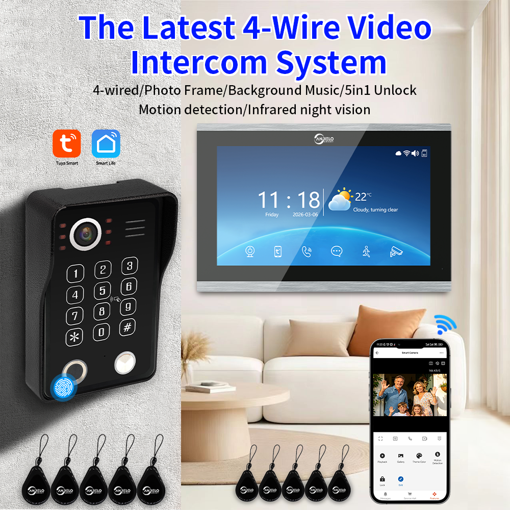Anjielo Latest 7/10 Inch Monitor 4 wire Video Intercom System Photo Frame Video Doorbell 5 in 1 unlocking with Motion Detection for the Apartment Home andVilla