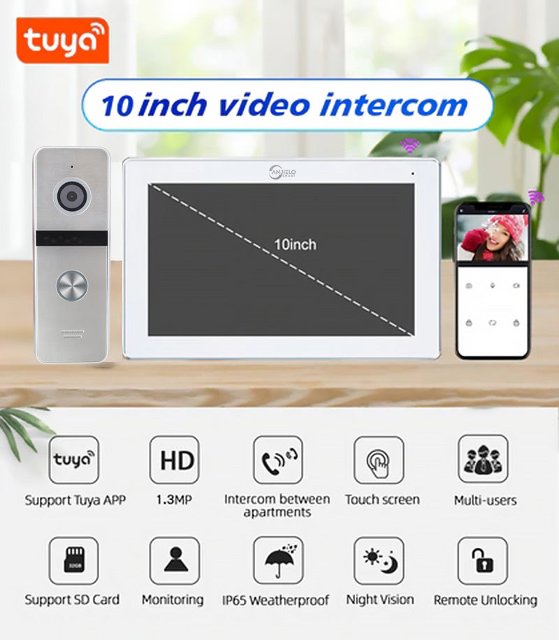AnjieloSmart 10-inch Tuya FHD1080P Color Touch Screen Outdoor Doorbell Motion Detection Tuya Smart Remote View Home Security Video Intercom For Home