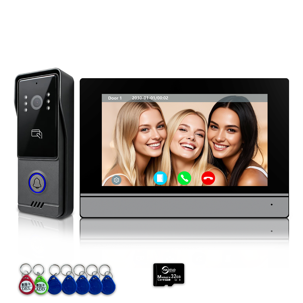 Visiophone Anjielo - Système de contrôle d'accès infrarouge de vision nocturne - HD 1080P, déverrouillage par carte IC et NFC, moniteur intérieur tactile 7/10 pouces, prise en charge de l'application Tuya pour appartement, villa