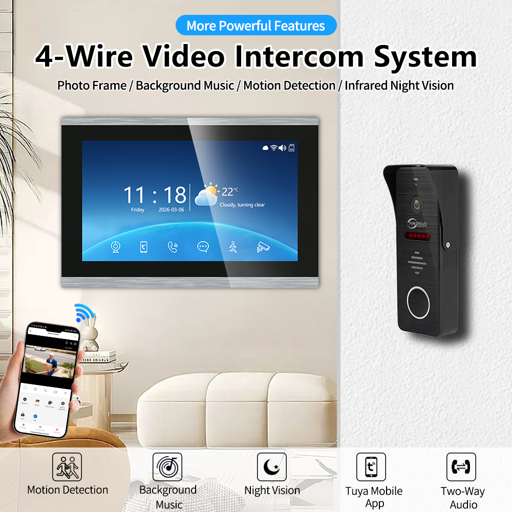 Anjielo 1080P 4 Wire Video Intercom System Photo Frame Background Music with Motion Detection for Home Apartment