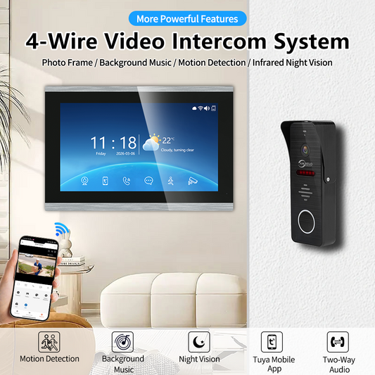 Anjielo 1080P 4 Wire Video Intercom System Photo Frame Background Music with Motion Detection for Home Apartment