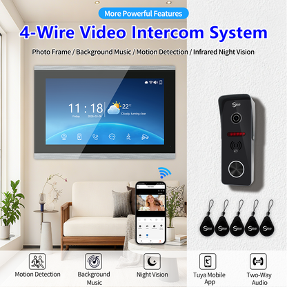 Anjielo 1080P 4 Wire Video Doorbell Intercom System 7/10 Inch Monitor Photo Frame with Motion Decetion Unlock by IC Card Monitor Tuya App for Villa