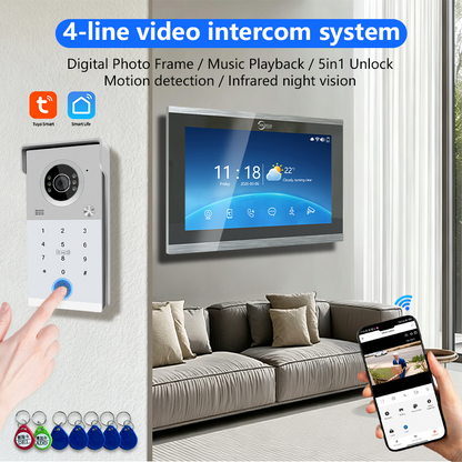 Anjielo 4-Line Video Intercom System with 7/10 inch Touch Monitor, Digital Photo Frame, Music Playback, 5-in-1 Unlock (Fingerprint/Password/ID Card/Indoor Unit/Tuya App), Motion Detection & Infrared Night Vision for Villa Home