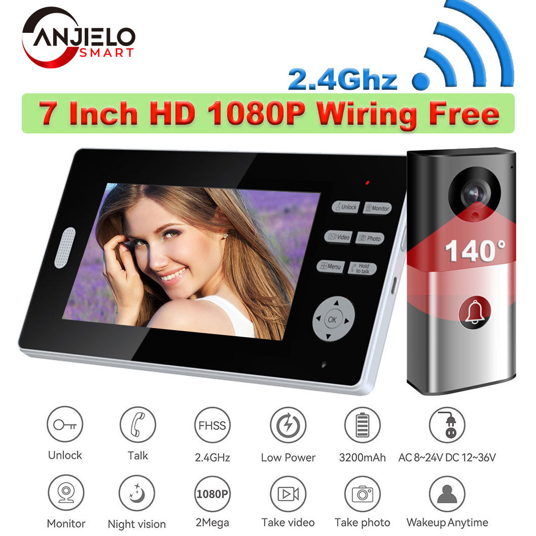 2.4Ghz couverture longue portée 7 pouces HD 1080P sonnette interphone vidéo sans fil 2MP porte téléphone déverrouiller moniteur 140 ° sécurité à domicile