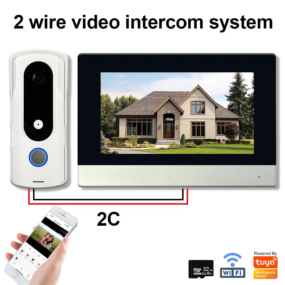 2-wire video doorbell intercom system 7 inch touch screen with night vision camera doorbell phone two-way intercom for home security