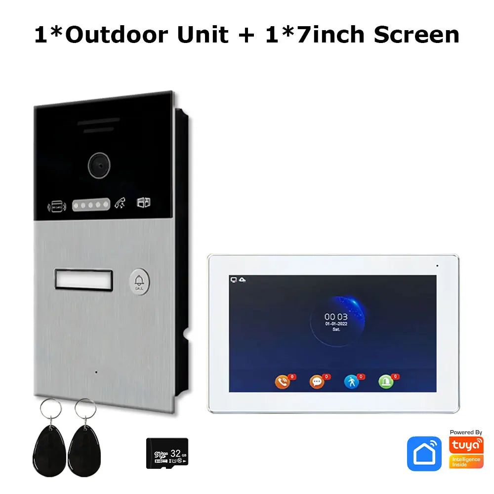 2 Wired Doorbell Intercom System 1080P Tuya 7 Inch Touch Screen Video Door Phone Card Unlock Support Dahua Hikvision IP Camera