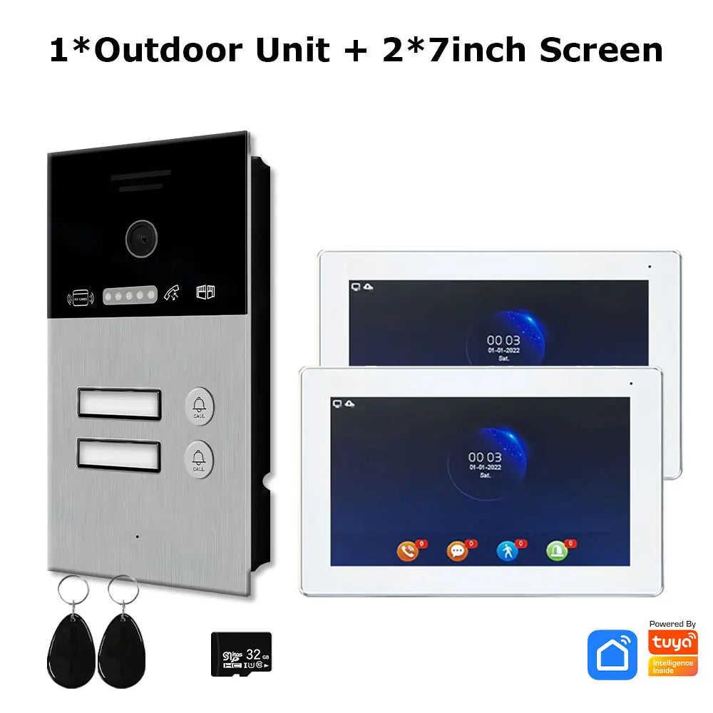 2 Wired Doorbell Intercom System 1080P Tuya 7 Inch Touch Screen Video Door Phone Card Unlock Support Dahua Hikvision IP Camera