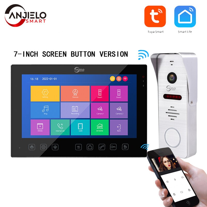 ANJIELOSMART Tuya 7 pouces VideoDoorbell Système d'interphone Caméra de contrôle d'accès Dispositif de sécurité intelligent Appartement familial Serrure électrique
