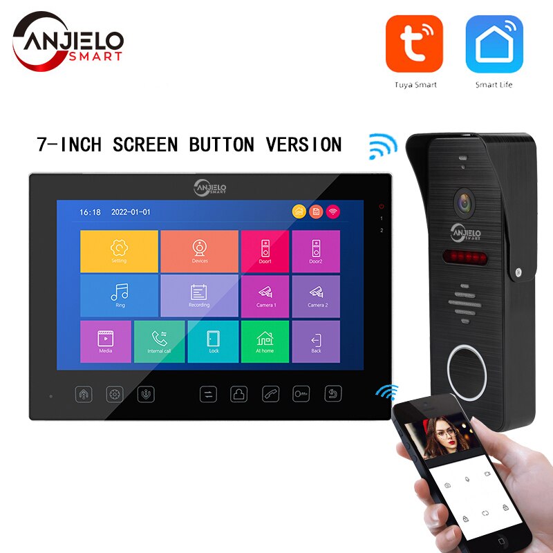 ANJIELOSMART Tuya 7 pouces VideoDoorbell Système d'interphone Caméra de contrôle d'accès Dispositif de sécurité intelligent Appartement familial Serrure électrique