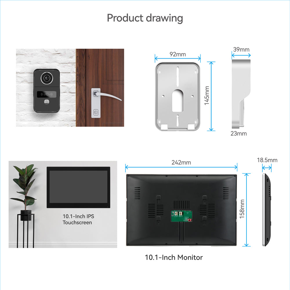 2-wire video doorbell intercom system 10.1 inch touch screen with night vision camera doorbell phone two-way intercom for home security