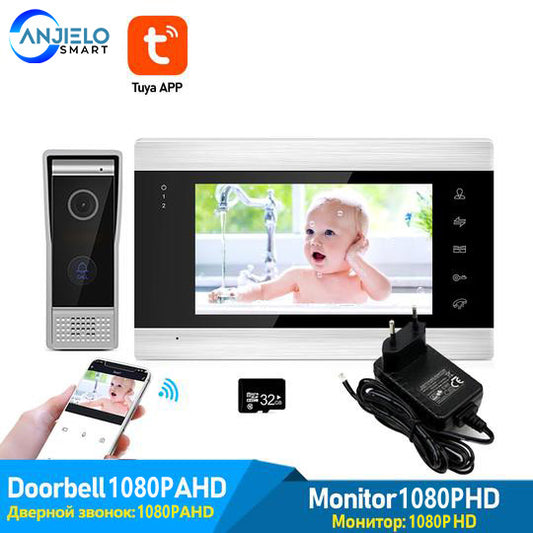 AnjieloSmart WiFi Tuya 7 "système d'interphone vidéo avec sonnette filaire 960P/AHD caméra déverrouillage à distance détection de mouvement 