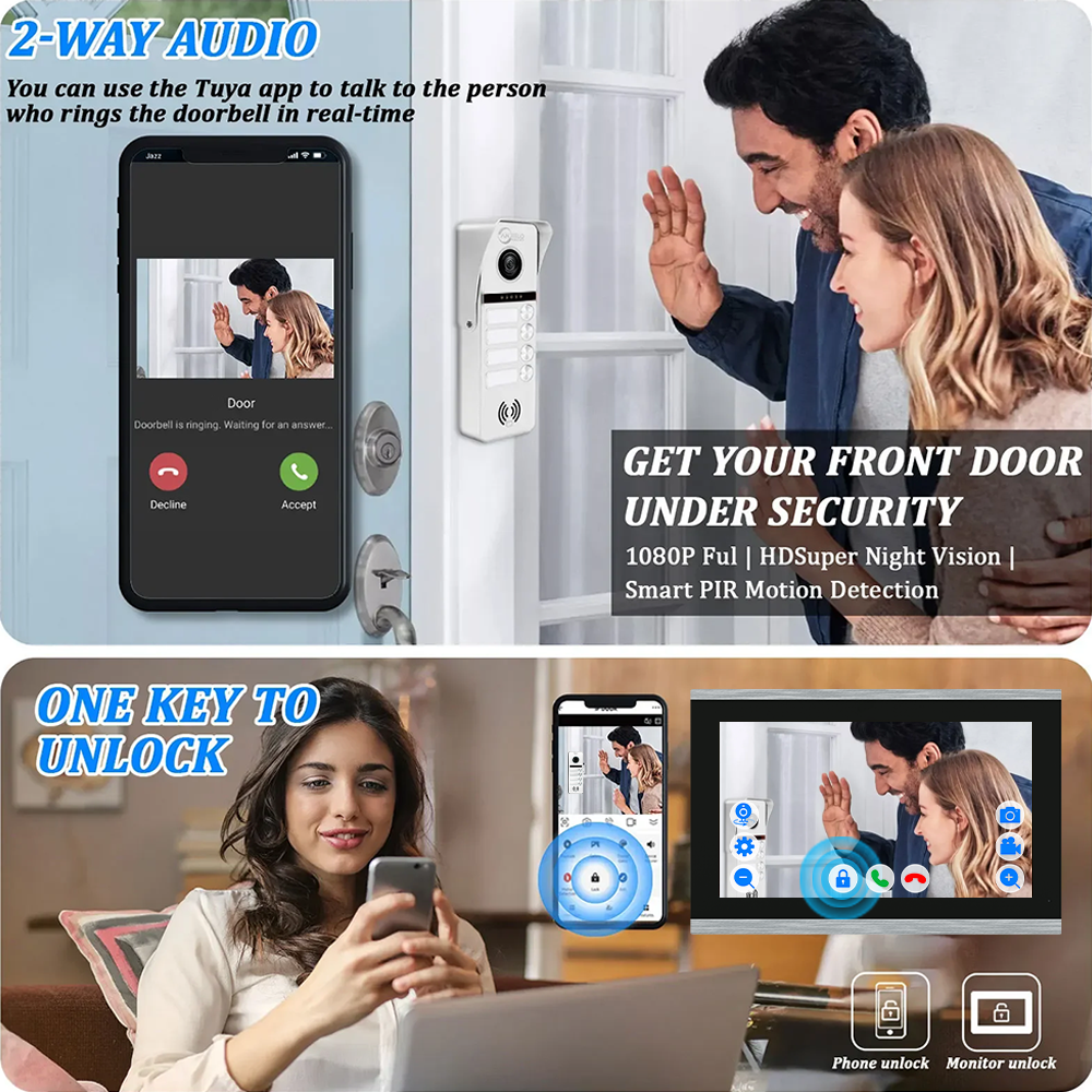 Anjielo Newest 4 Wire Video Door Phone Intercom System with Photo Frame Background Music for 2/3/4 Household