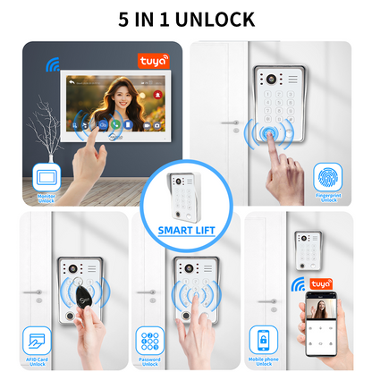 Anjielo 7/10 Inch 4 Wire WiFi Video Intercom System with 5-in-1 Unlock Fingerprint RFID Password App for Home Apartment