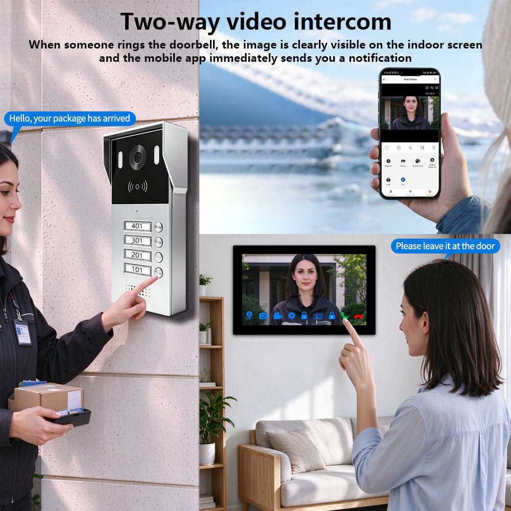 Anjielo 2-Wire Multi-Tenant Video Intercom System with Tuya App, 7/10-Inch Touch Screen, 2MP CMOS, IP65 Doorbell & 128GB TF Card