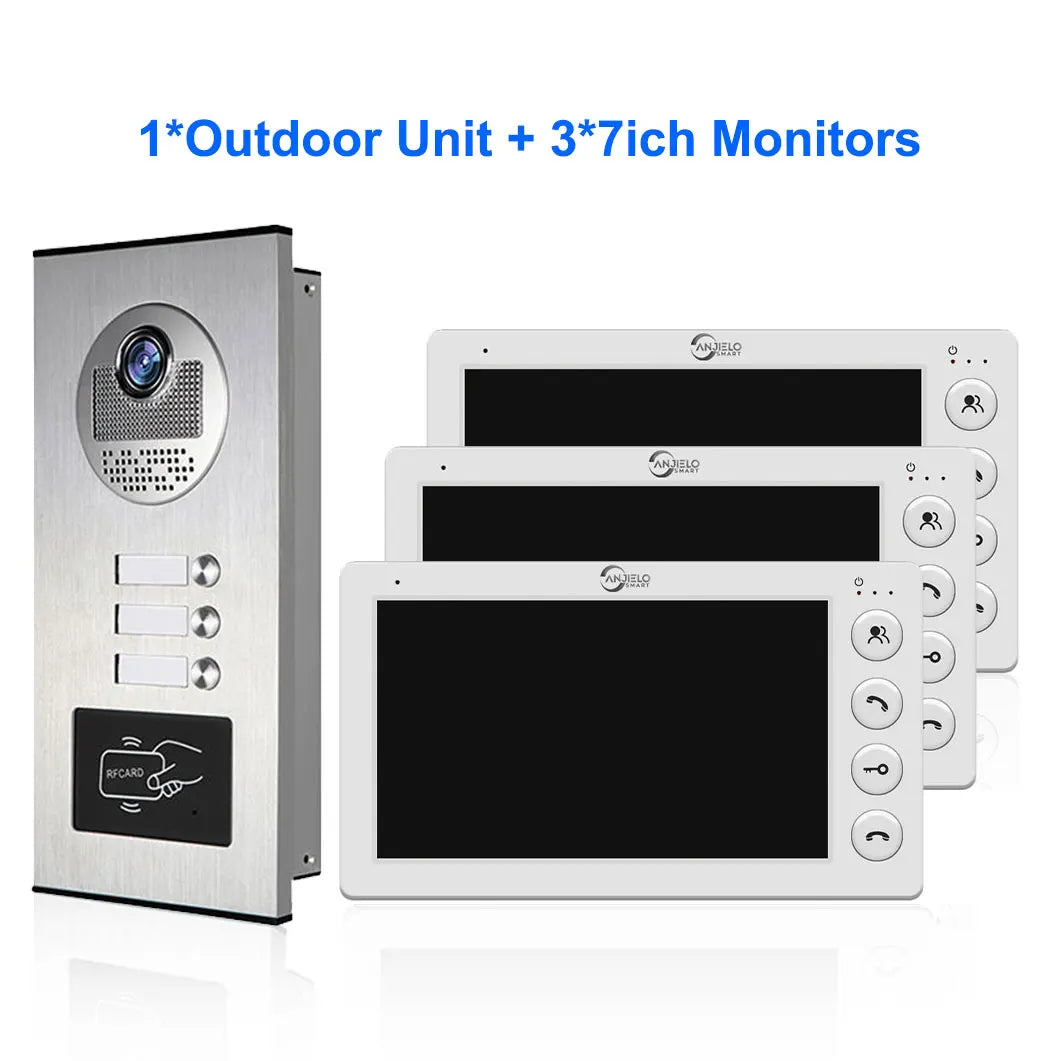 3 Unit Home Video Intercom for Apartments Residential Intercom Doorbell Video Door Phone System with RFID Card Unlock