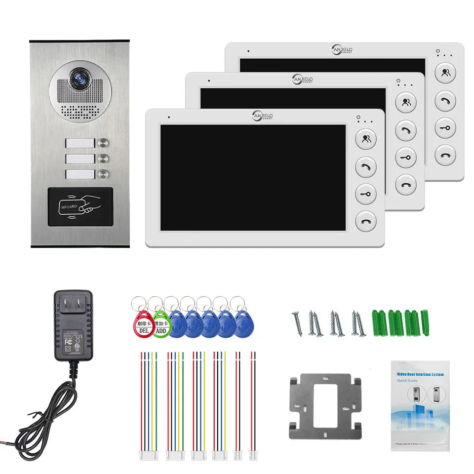 3 Unit Home Video Intercom for Apartments Residential Intercom Doorbell Video Door Phone System with RFID Card Unlock