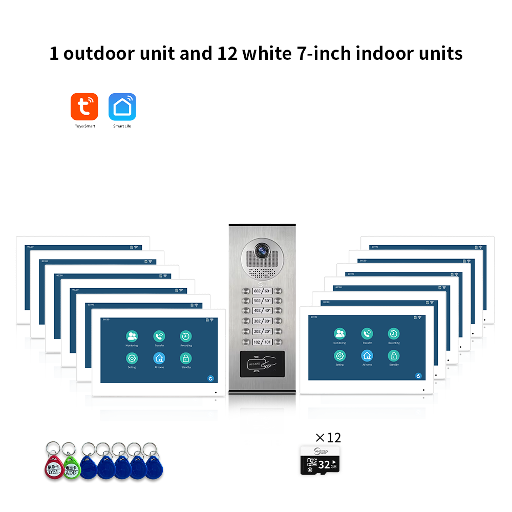 Anjielo Smart 1080P Tuya Smart Video Doorphone for Multi-Apartment Metal Doorbell Video Intercom System AHD 7inch Monitor