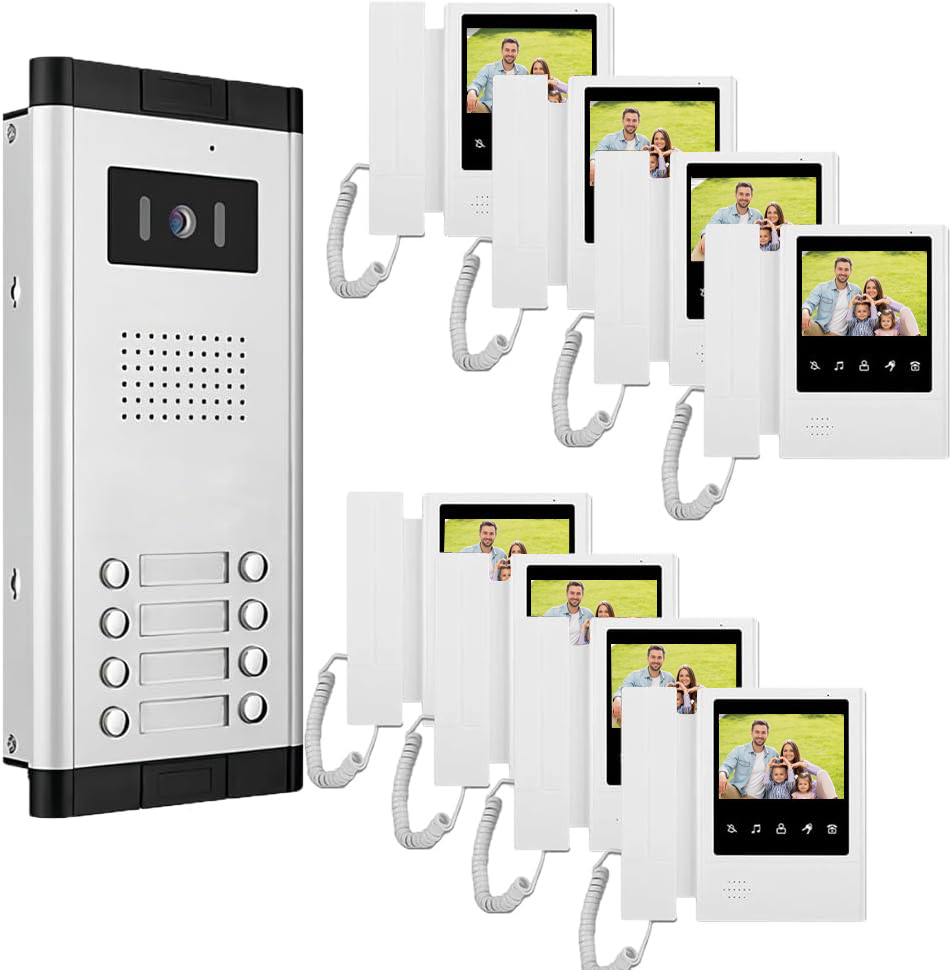 Anjielo Aparment Video Intercom System 4 wired Video Doorbell Infared Night Vision Support 2/ 3/4/ 5/ 6/ 8/ 10/ 12 Flat or Apartment