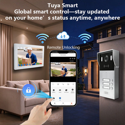 Anjielo 2-Wire Multi-Tenant Video Intercom System with Tuya App, 7/10-Inch Touch Screen, 2MP CMOS, IP65 Doorbell & 128GB TF Card