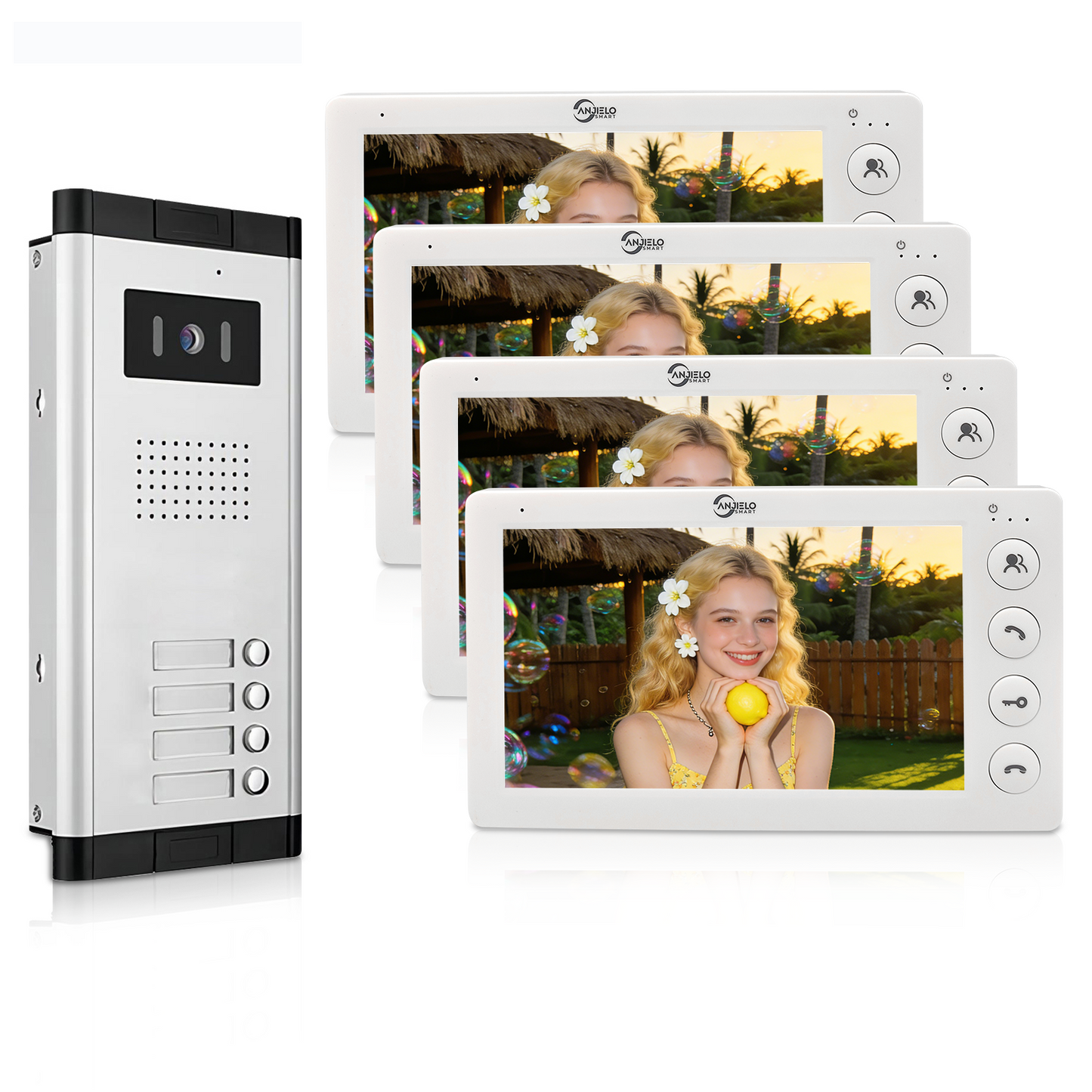 Anjielo 4 Wired Video Doorphone Intercom 7 Inch Monitor Video Door Intercom for 2/3/4/5/6/8/10/12 Multi-Units Video Doorbell by IC Card to Unlock