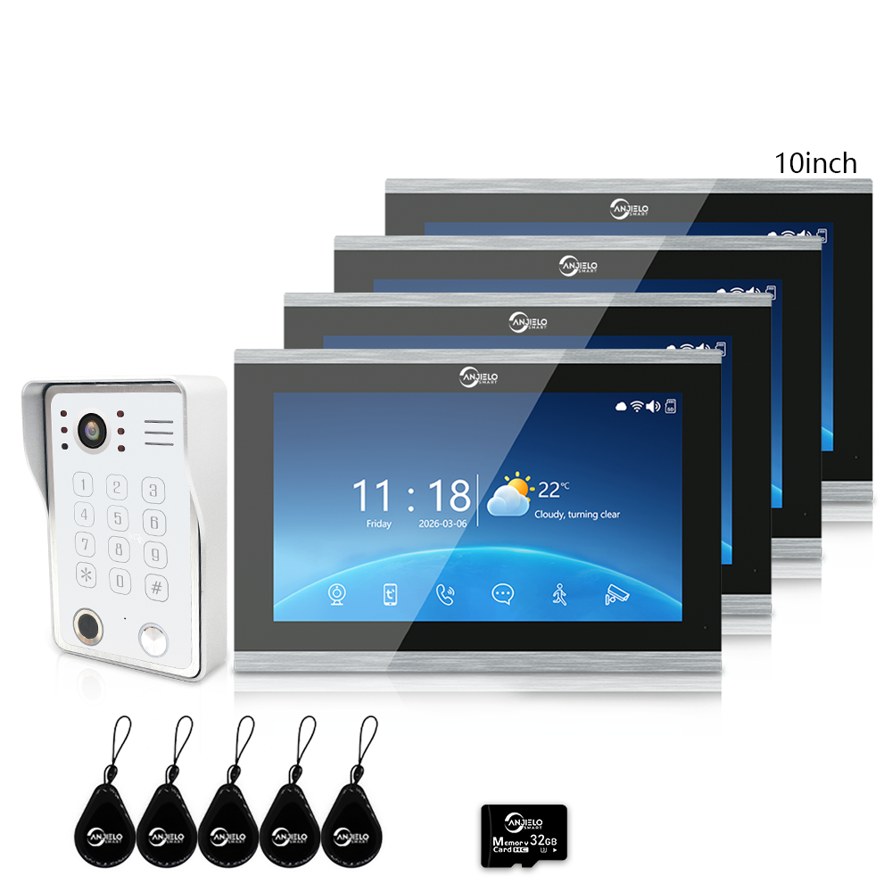 Anjielo 7/10 Inch 4-Wire Video Intercom System Photo Frame Video Doorbell, 5-in-1 Unlocking (Fingerprint/IC Card/Password/App/Key) with Motion Detection, Tuya APP Remote Control, IR Night Vision, for Apartment Villa Home