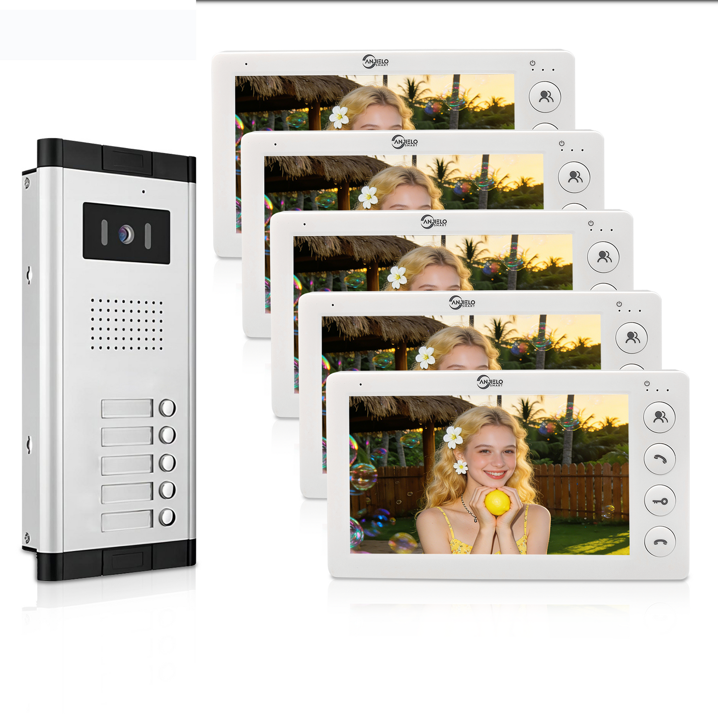 Anjielo 4 Wired Video Doorphone Intercom 7 Inch Monitor Video Door Intercom for 2/3/4/5/6/8/10/12 Multi-Units Video Doorbell by IC Card to Unlock