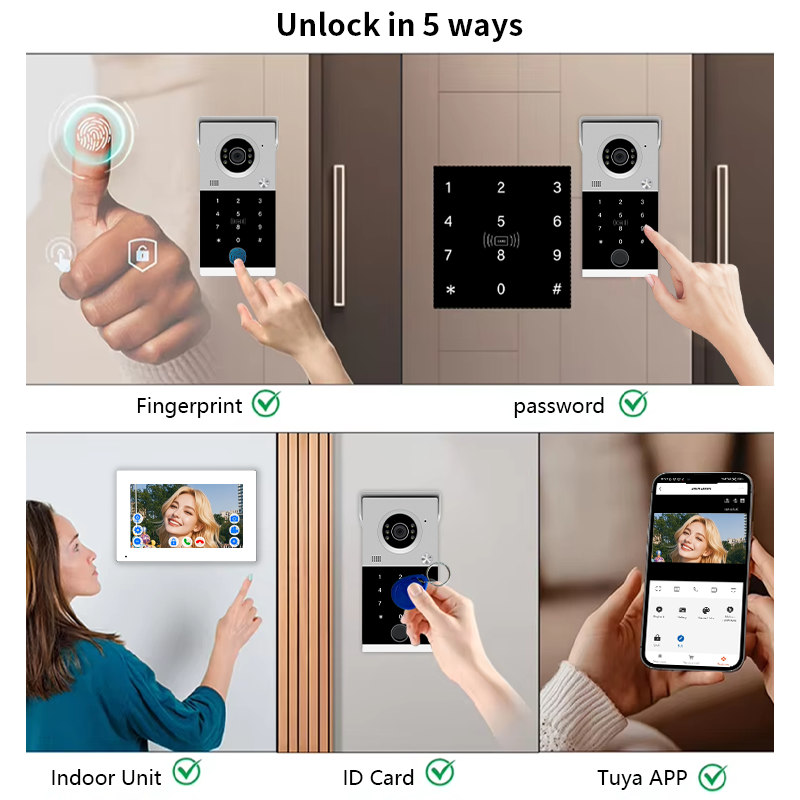 Anjielo 4-Line Video Intercom System with 7/10 inch Touch Monitor, Digital Photo Frame, Music Playback, 5-in-1 Unlock (Fingerprint/Password/ID Card/Indoor Unit/Tuya App), Motion Detection & Infrared Night Vision for Villa Home