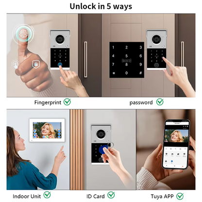 Anjielo 4-Line Video Intercom System with 7/10 inch Touch Monitor, Digital Photo Frame, Music Playback, 5-in-1 Unlock (Fingerprint/Password/ID Card/Indoor Unit/Tuya App), Motion Detection & Infrared Night Vision for Villa Home
