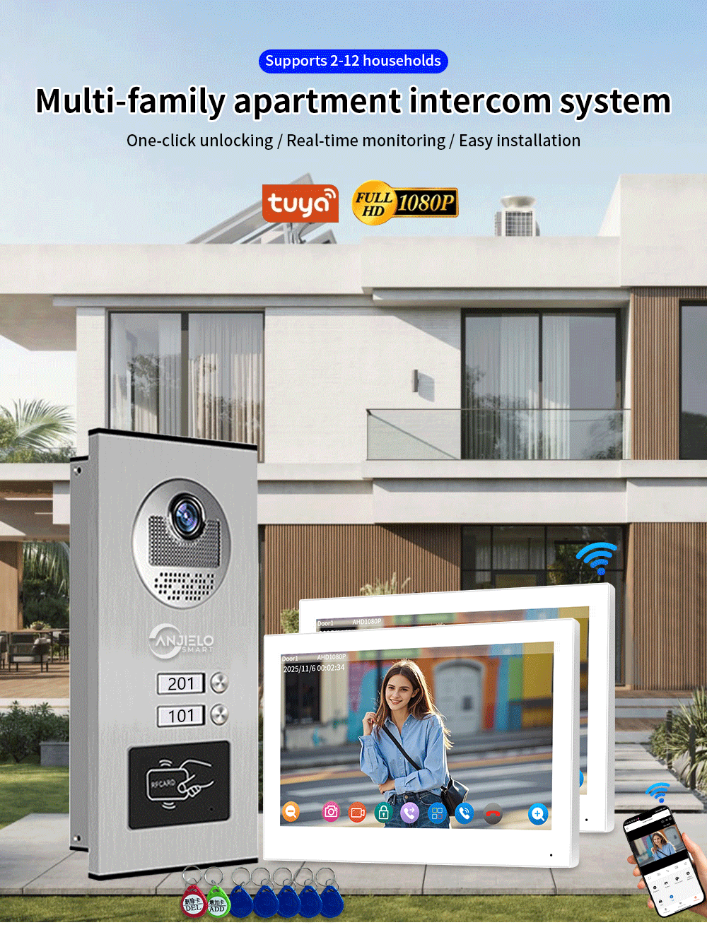 Anjielo Smart 1080P Tuya Smart Video Doorphone for Multi-Apartment Metal Doorbell Video Intercom System AHD 7inch Monitor