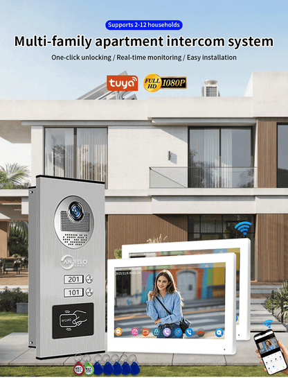 Anjielo Smart 1080P Tuya Smart Video Doorphone for Multi-Apartment Metal Doorbell Video Intercom System AHD 7inch Monitor