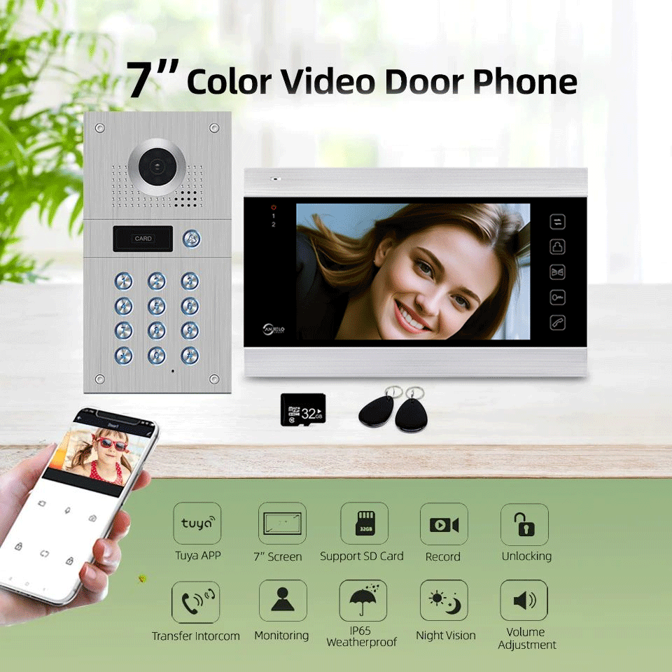 1080P Tuya WiFi Wired Video Intercom with Camera and Code Keypad/RFID Cards Access Control System Motion Detection Record