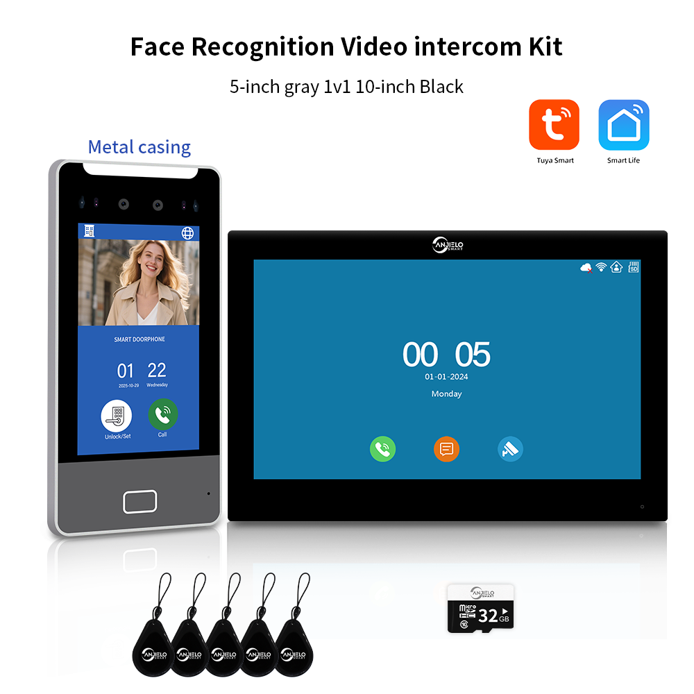 Anjielo Tuya Smart  AI facial recognition building IP video intercom system, 5-in-1 Unlock and Connect Multiple Monitors Integrated Solution, suitable for villas/hotels and communities