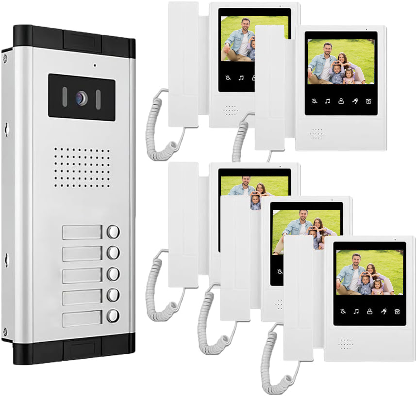 Anjielo Aparment Video Intercom System 4 wired Video Doorbell Infared Night Vision Support 2/ 3/4/ 5/ 6/ 8/ 10/ 12 Flat or Apartment