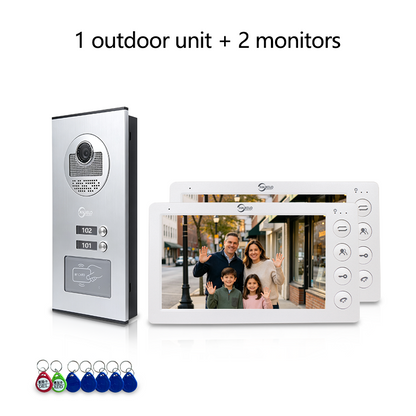 Anjielo 7 Inch Wired Multi Family Video Intercom System 2-12 Units Apartment Building Door Phone with RFID Unlock IP65 Waterproof Outdoor Station