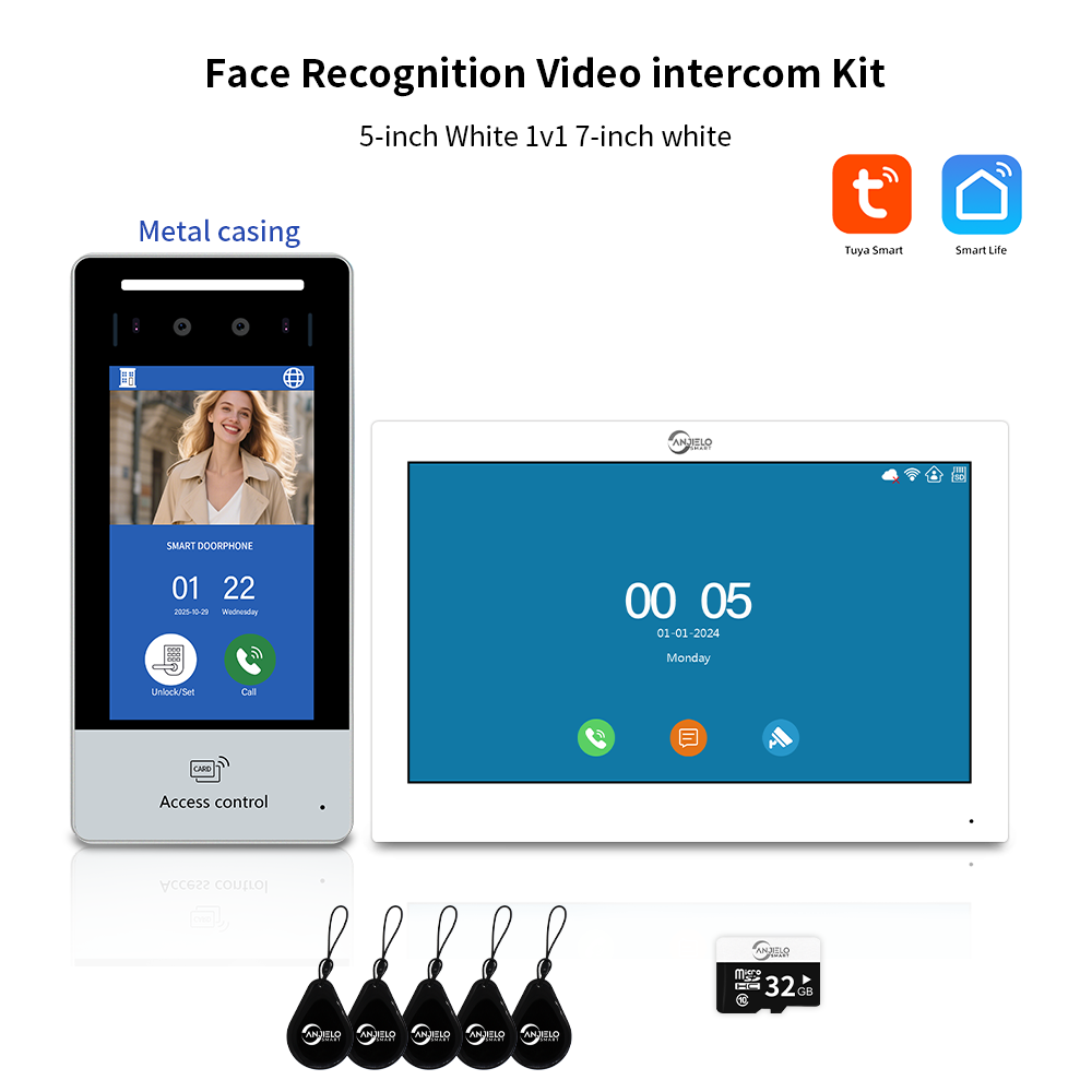 Anjielo Tuya Smart  AI facial recognition building IP video intercom system, 5-in-1 Unlock and Connect Multiple Monitors Integrated Solution, suitable for villas/hotels and communities
