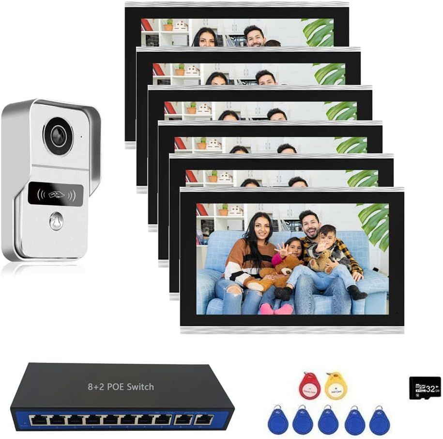 ANJIELO SMART WiFi IP Video Apartment Intercom System,1080P Camera and 6 PC 10 inch Touch Screen Monitor Wired Monitor,Door Phone Kit with 32G Card, Tuya