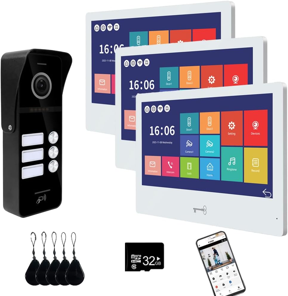 Anjielo Smart Wired Video Doorbell Apartment Intercom System Multiple Units Touch Monitor Wireless WiFi 1080P Camera Mobile Kit Support Real-time Monitoring