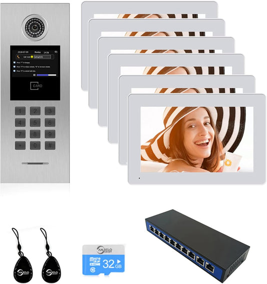 Tuya Smart Video Intercom System 6 Units 7 Inch IP Video Intercom Phone for Apartment Building Security Home Access Control System with Number Keypad and IC Card and Work for 1 -999 Individual Units