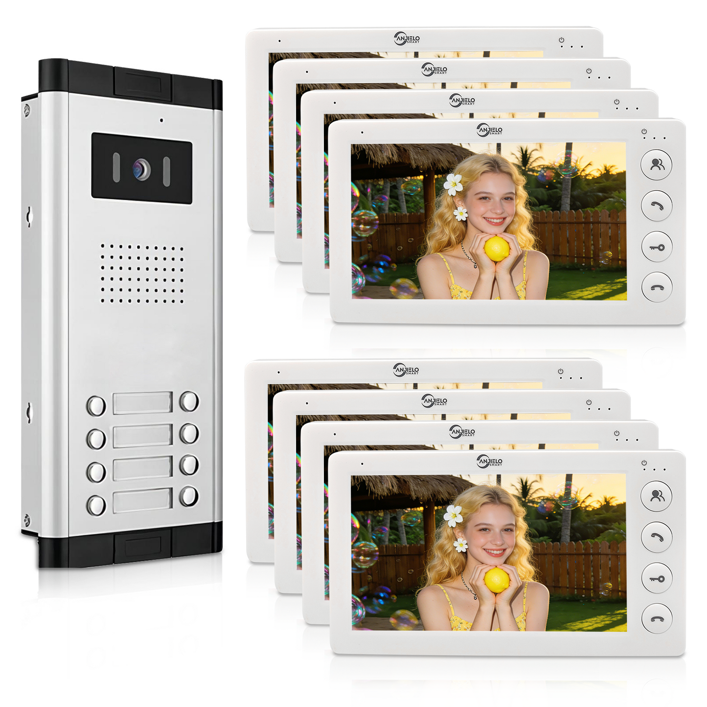 Anjielo 4 Wired Video Doorphone Intercom 7 Inch Monitor Video Door Intercom for 2/3/4/5/6/8/10/12 Multi-Units Video Doorbell by IC Card to Unlock