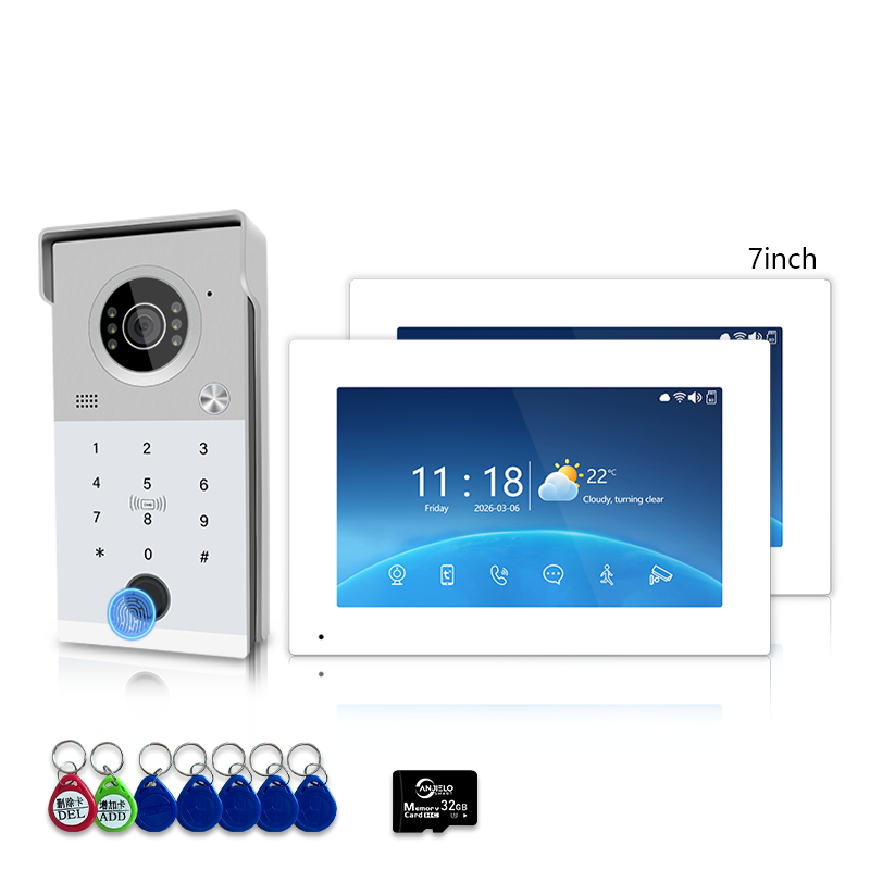 Anjielo 4-Line Video Intercom System with 7/10 inch Touch Monitor, Digital Photo Frame, Music Playback, 5-in-1 Unlock (Fingerprint/Password/ID Card/Indoor Unit/Tuya App), Motion Detection & Infrared Night Vision for Villa Home