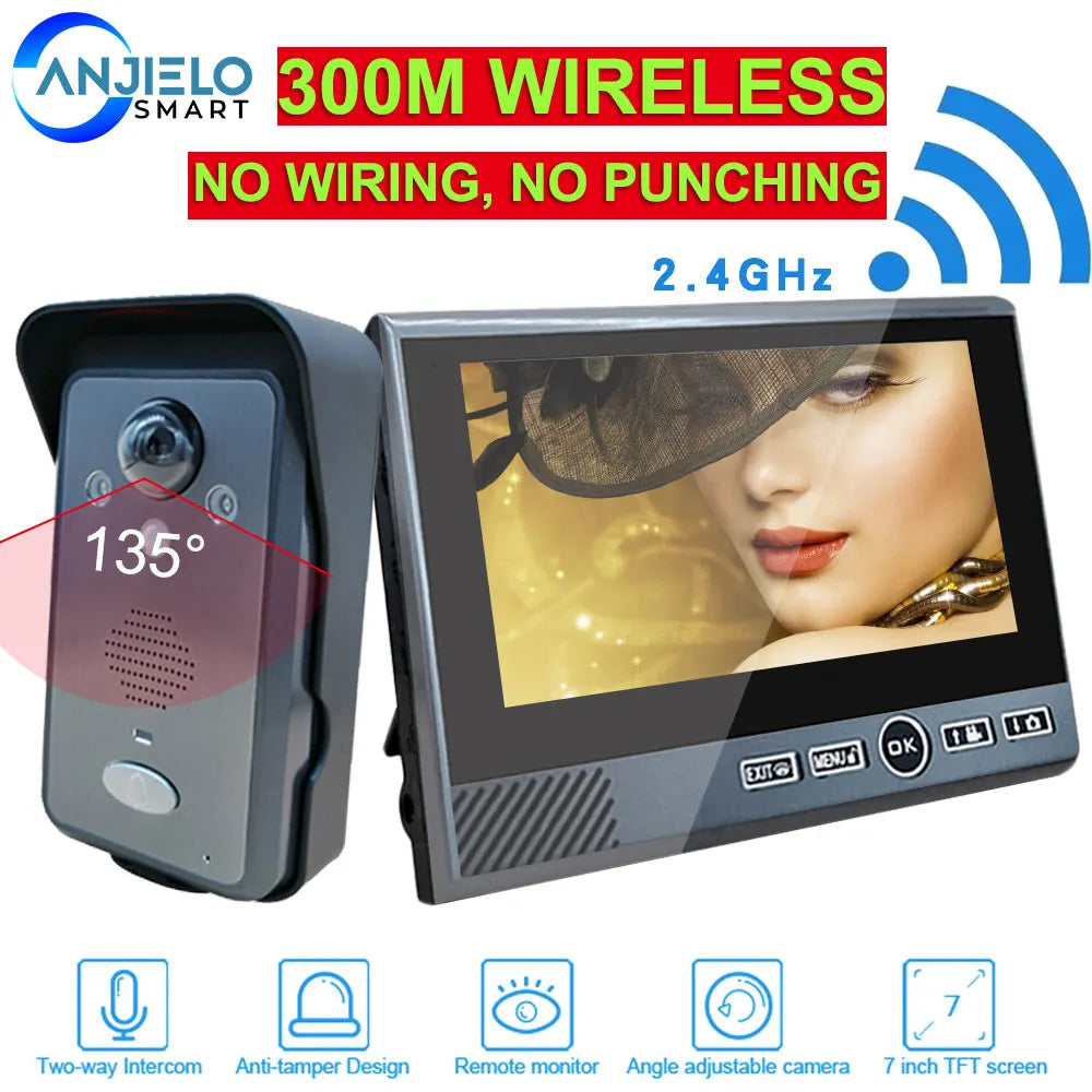 7 Inch 2.4Ghz Wireless Video Intercom Punch-Free Motion Detection Long Standby Visual Doorbell System