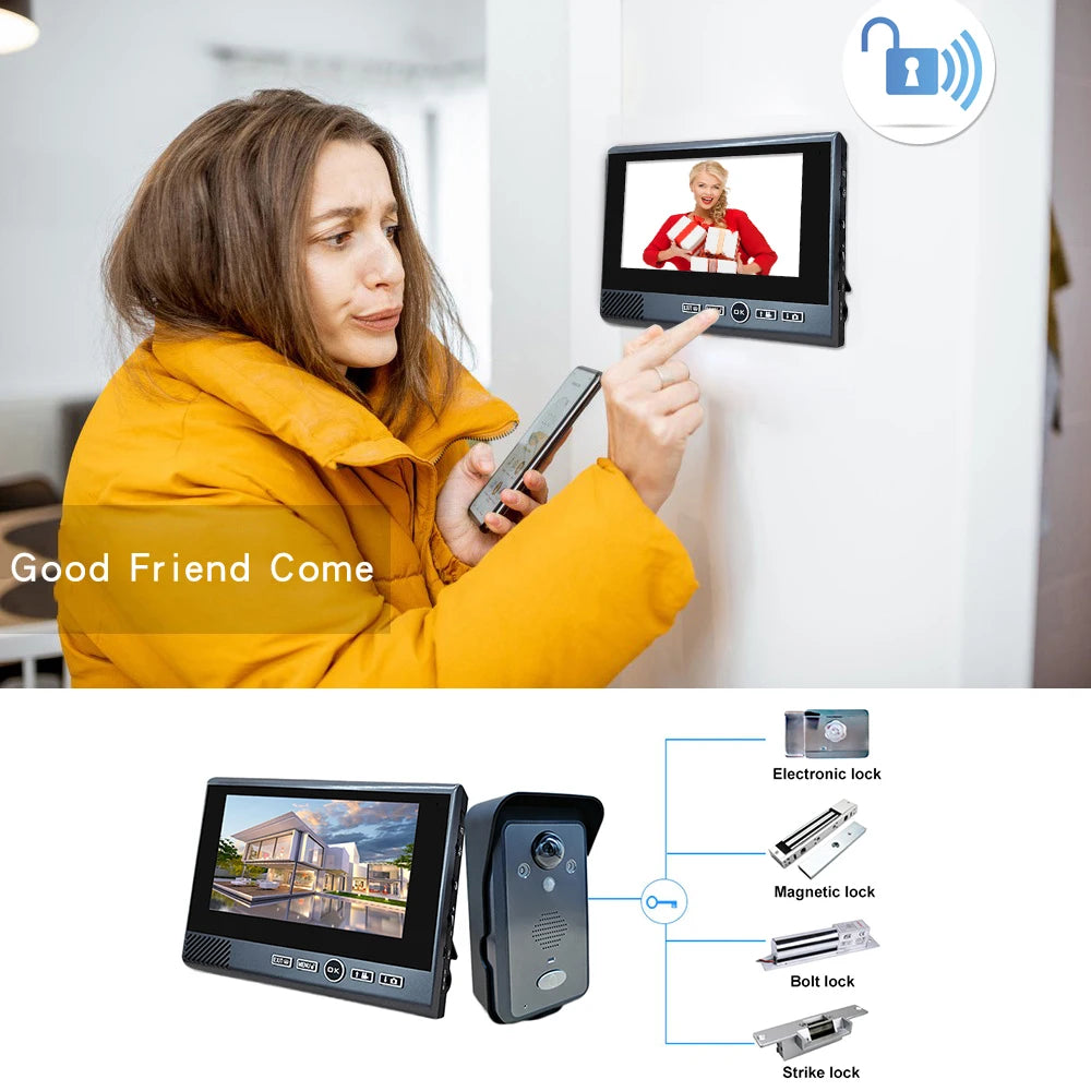 7 Inch 2.4Ghz Wireless Video Intercom Punch-Free Motion Detection Long Standby Visual Doorbell System