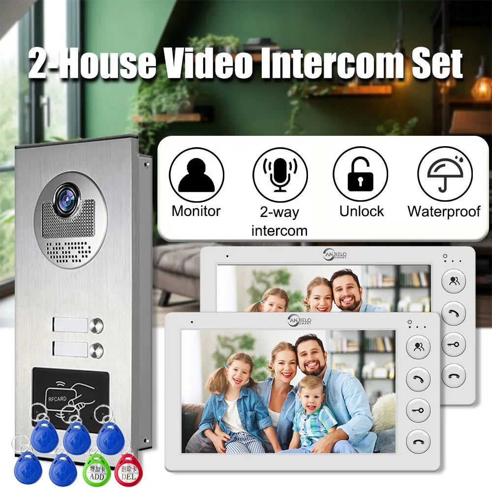 7 Inch 4 Wired Video Intercom for 2 Unit Multi Apartment Video Doorbell with RFID Card Unlock