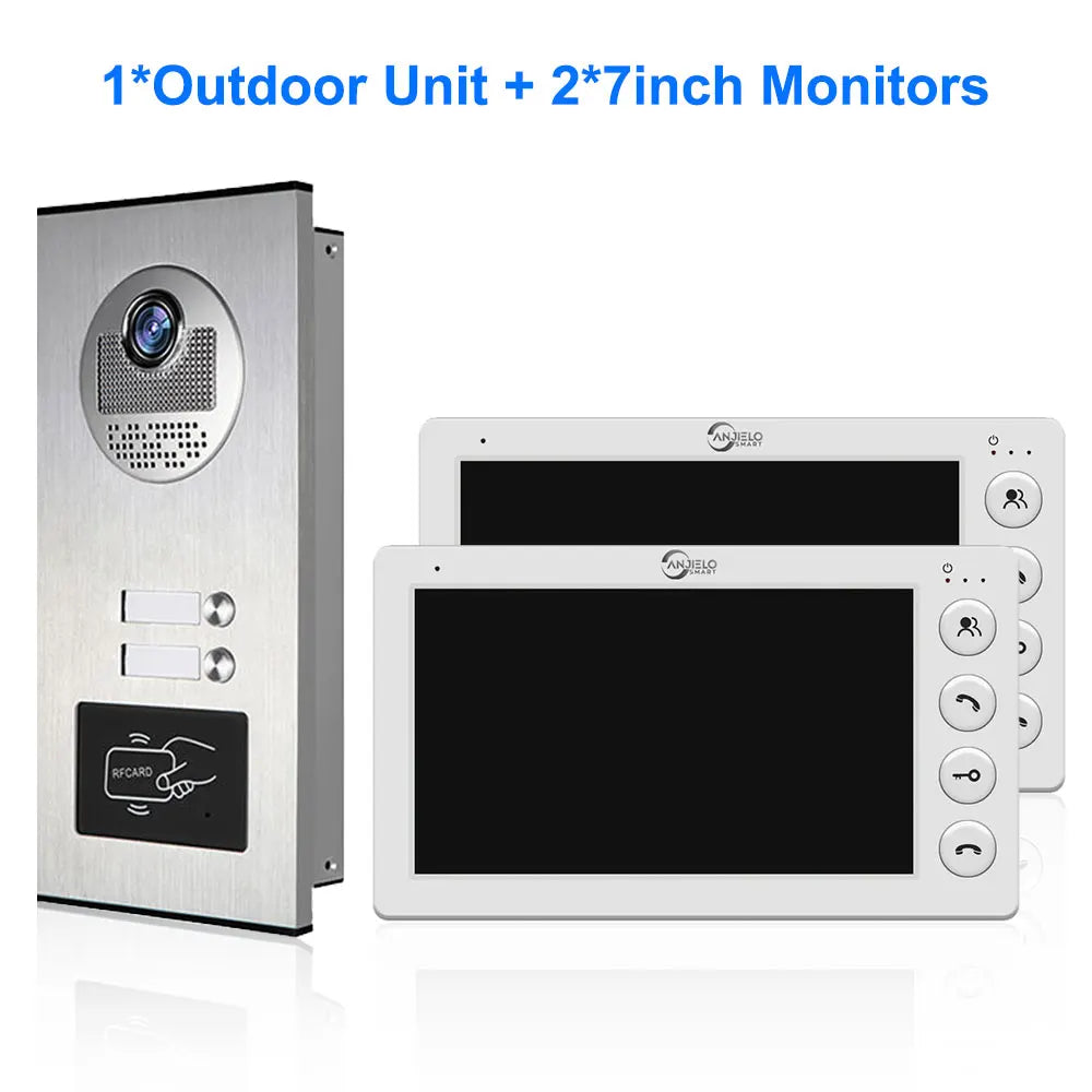 7 Inch 4 Wired Video Intercom for 2 Unit Multi Apartment Video Doorbell with RFID Card Unlock