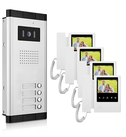 Anjielo Aparment Video Intercom System 4 wired Video Doorbell Infared Night Vision Support 2/ 3/4/ 5/ 6/ 8/ 10/ 12 Flat or Apartment