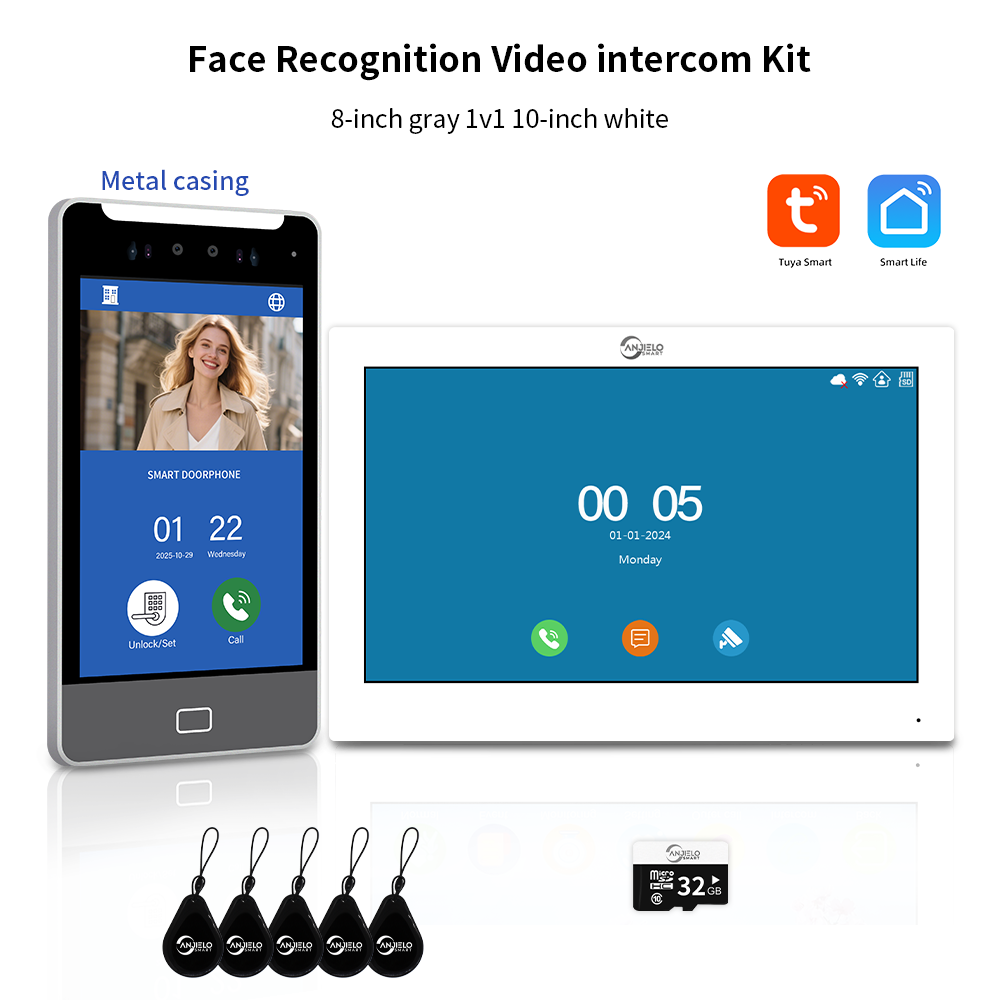 Anjielo Tuya Smart  AI facial recognition building IP video intercom system, 5-in-1 Unlock and Connect Multiple Monitors Integrated Solution, suitable for villas/hotels and communities