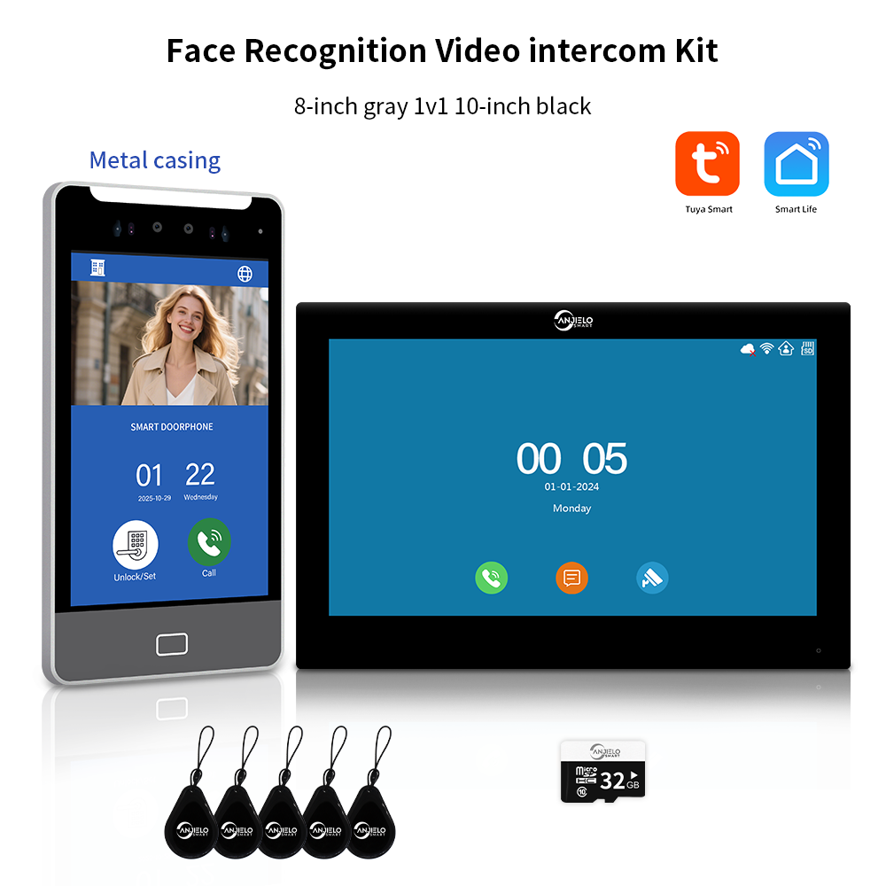 Anjielo Tuya Smart  AI facial recognition building IP video intercom system, 5-in-1 Unlock and Connect Multiple Monitors Integrated Solution, suitable for villas/hotels and communities