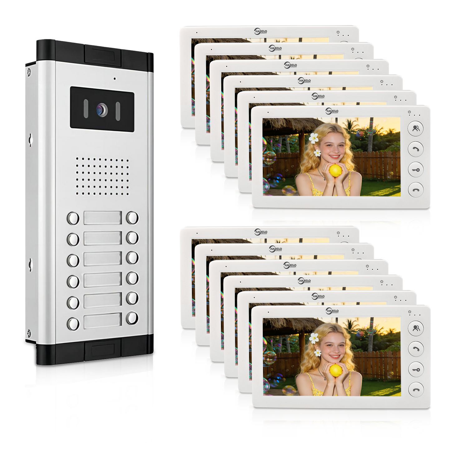Anjielo 4 Wired Video Doorphone Intercom 7 Inch Monitor Video Door Intercom for 2/3/4/5/6/8/10/12 Multi-Units Video Doorbell by IC Card to Unlock