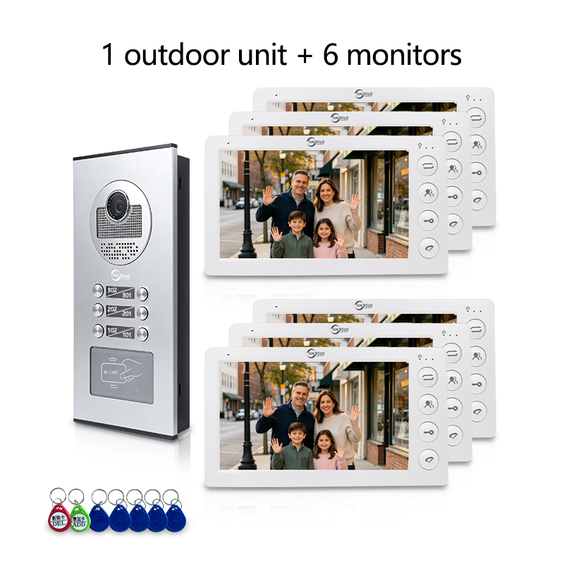 Anjielo 7 Inch Wired Multi Family Video Intercom System 2-12 Units Apartment Building Door Phone with RFID Unlock IP65 Waterproof Outdoor Station